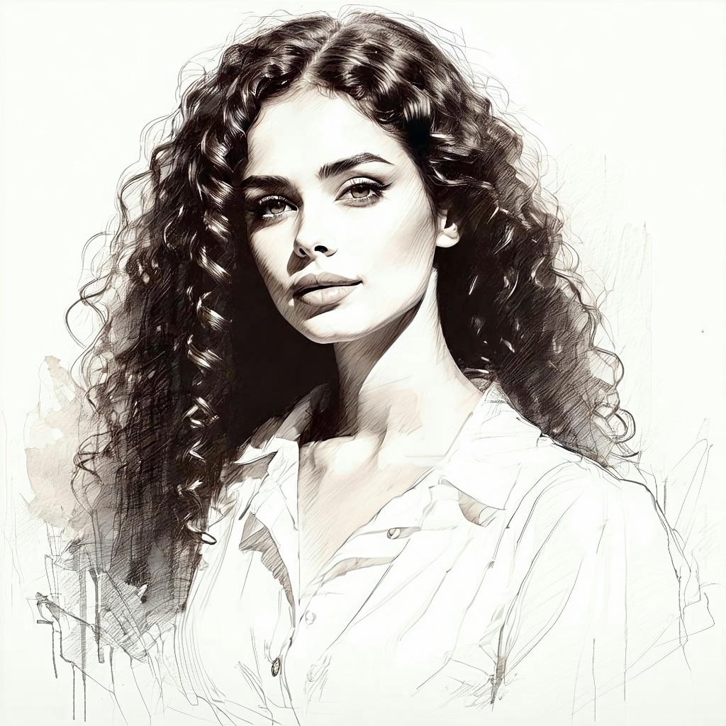 Brunnete curly long hair woman in her 30s white vintage drawing old painting siluette