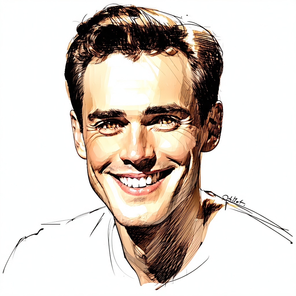 Guy in his 40s white short brown hair smiling vintage drawing-1