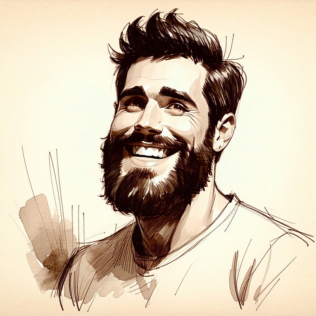 guy in his 50s black hair goat beard strong complexion smiling inks draw in sepia overweight-1